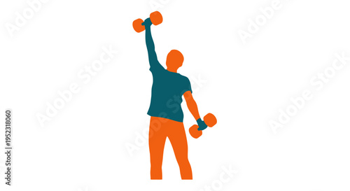 Stylized person lifting dumbbells overhead for strength training