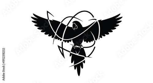 Stylized black parrot silhouette with wings spread, encircled by abstract white lines.