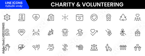 Volunteering and charity web icons in line style. Donate, donor, doctor, care, help, support, collection Vector illustration.