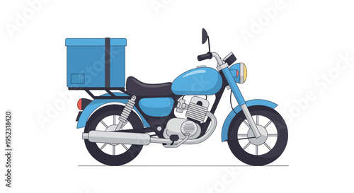 A blue motorcycle with a box attached, likely for delivery or transport, set against a white backdrop