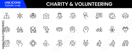 Volunteering and charity web icons in line style. Donate, donor, doctor, care, help, support, collection Vector illustration.