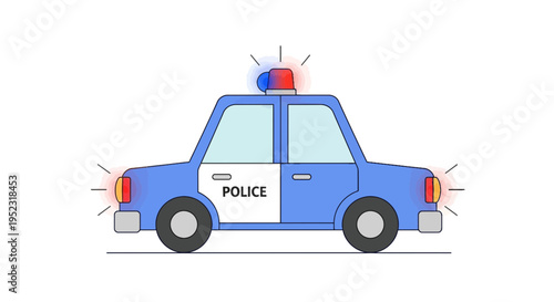 A blue police car illustration with flashing lights, siren, and "POLICE" on the door