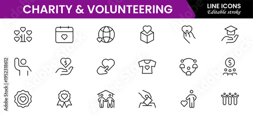 Volunteering and charity web icons in line style. Donate, donor, doctor, care, help, support, collection Vector illustration.