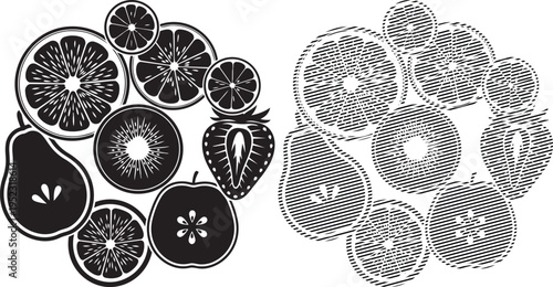 Geometric patterns and cross-sections of citrus fruits and a floral structure