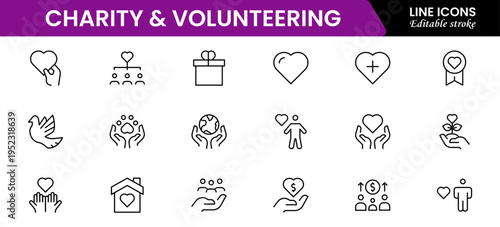 Volunteering and charity web icons in line style. Donate, donor, doctor, care, help, support, collection Vector illustration.