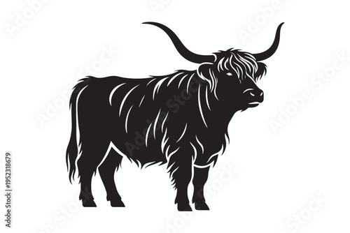 Highland Cow Scottish Cattle Black Silhouette Vector Illustration.