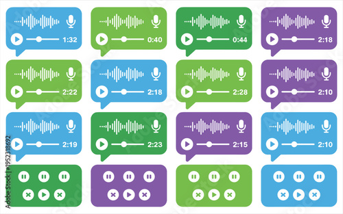 Colorful voice message bubble with audio waveforms and play buttons