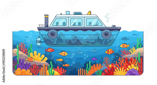 A stylized illustration featuring a boat above a vibrant underwater scene