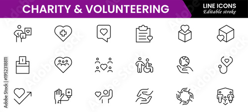 Volunteering and charity web icons in line style. Donate, donor, doctor, care, help, support, collection Vector illustration.