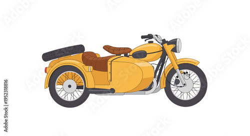 A stylized vector illustration of a yellow motorcycle with a sidecar, on a white background