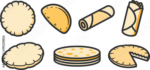 Flatbread and Wrapped Food Vector Icon Set with Pita, Tortilla, Burrito, Quesadilla, and Crepe Illustrations for Mexican and Mediterranean Menu Designs