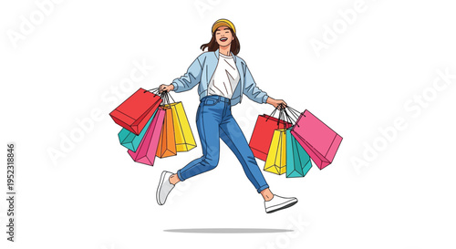 Joyful woman jumping with numerous colorful shopping bags in hand