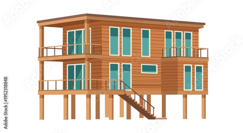 Cartoon illustration of a two story wooden stilt house with balconies