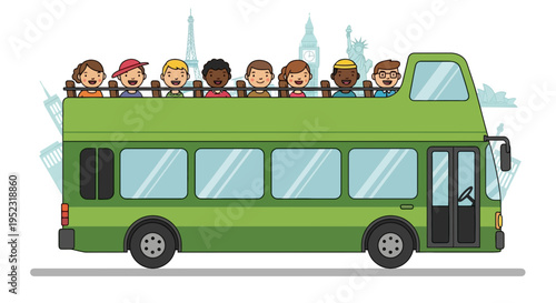 A green double-decker bus with diverse passengers tours iconic landmarks