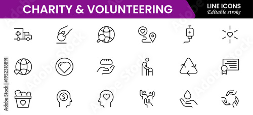 Volunteering and charity web icons in line style. Donate, donor, doctor, care, help, support, collection Vector illustration.