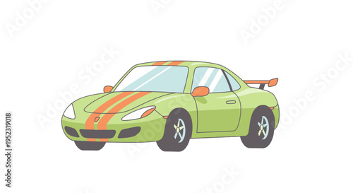 A stylized sports coupe in green with orange stripes, a spoiler, and tinted windows