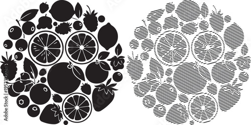 Abstract geometric patterns with circular motifs and cross-hatched designs.