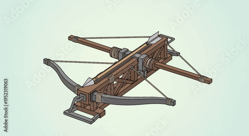 3D illustration of a wooden ballista with a central arrow guide