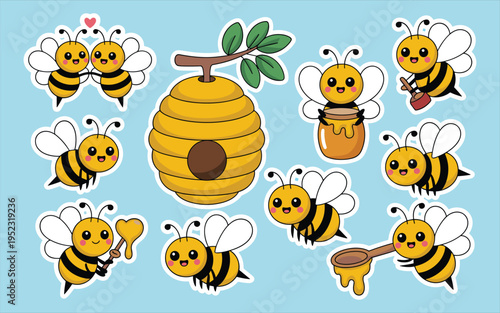 Cute cartoon bees and honeycomb hive sticker set