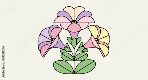 A floral geometric illustration with three stylized blooms and leaves