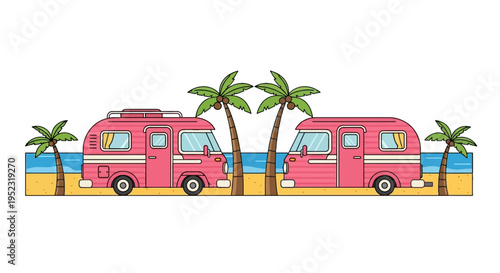 Two pink campers are parked on a beach with palm trees and ocean, against a white background