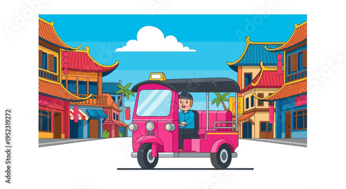 Illustration of a pink vehicle driving down a street with colorful, Asian-style buildings