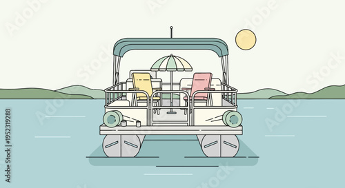 A flat illustration of a pontoon boat on water with a sun, chairs, umbrella, & hills