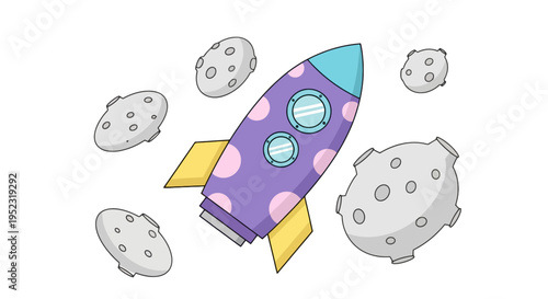 Cartoon rocket with polka dots, portholes, and yellow fins, surrounded by floating asteroids