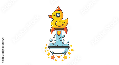 Cartoon duck rocket blasts off from a tub of bubbles amidst stars on white background