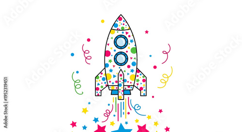 A colorful cartoon rocket ship taking off amid confetti and streamers on white
