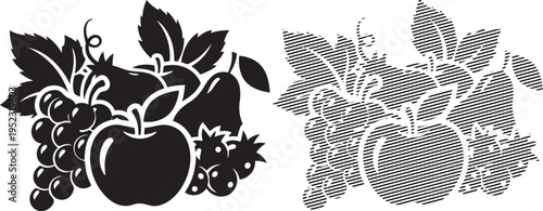 Intricate black and white illustrations of fruit and vine motifs with crosshatch patterns
