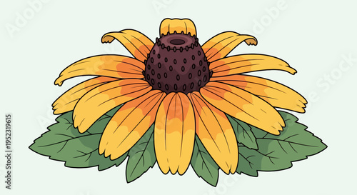 A stylized cartoon depiction of a yellow and orange flower with a dark center and green leaves