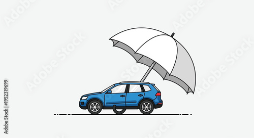 A blue station wagon is protected by a large white umbrella