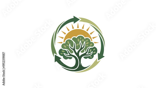 Sustainable growth and environmental recycling symbol with a tree and sun icon