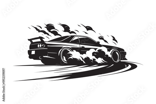 Extreme drift car silhouette with burning tires and smoke. Fast racing vehicle vector for automotive shop, car club, and motorsport event branding.