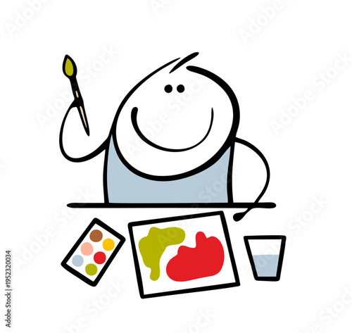 Watercolor painting in kids room. Vector illustration of a child sitting at a table, holding a brush and drawing spots on paper. A young artist and a masterpiece of graphics
