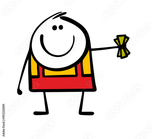 Side hustle. Vector illustration of a man in overalls holding earned money in his hand.  Cartoon stickman and cash in business for work.