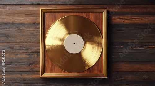 Golden music box disc with holes for melody displayed in a wooden frame on a textured wooden background with warm lighting