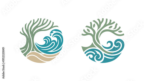 Abstract circular tree and wave emblems symbolizing nature's harmony and growth