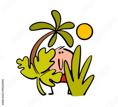 Funny cartoon stickman is hiding in a tropical thicket. Vector illustration of a boy lost in the jungle. Palm trees, plants and bright sun.