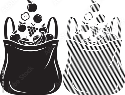 Two woven bags filled with a variety of fruits and nuts displayed side by side.