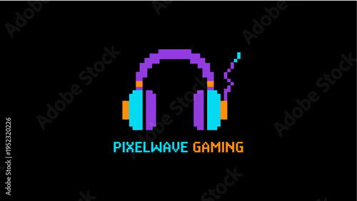 Vibrant pixel art headphones emblem in a retro 8-bit style, featuring bold purple and orange colors, symbolizing digital sound and an immersive gaming culture experience