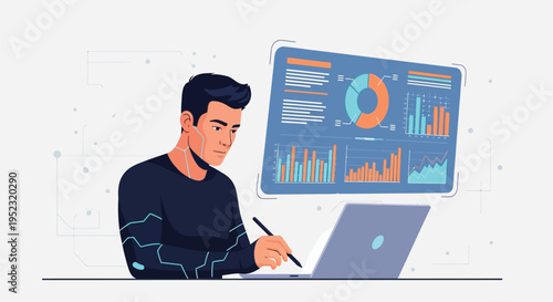 Man analyzing data visualization on a laptop and multiple screens