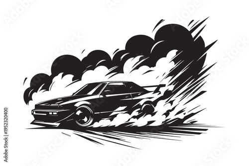 Drifting sports car silhouette with smoke effect.