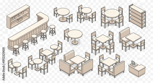 Isometric illustration of a cafe interior with tables chairs and counter