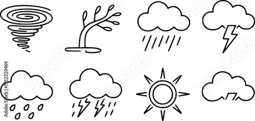 Collection of simple black line representing weather phenomena and natural storm