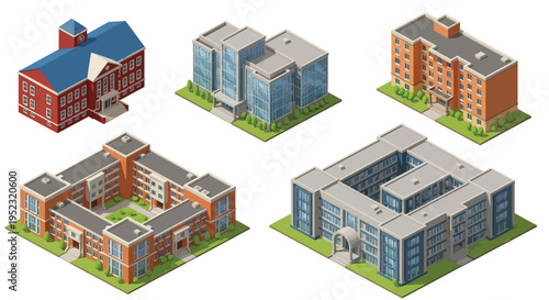 Isometric illustration of a university campus with various buildings