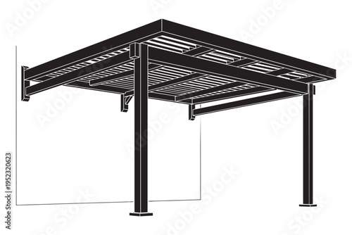 Pergola vector illustration of modern wooden canopy attached to wall for outdoor patio shade area