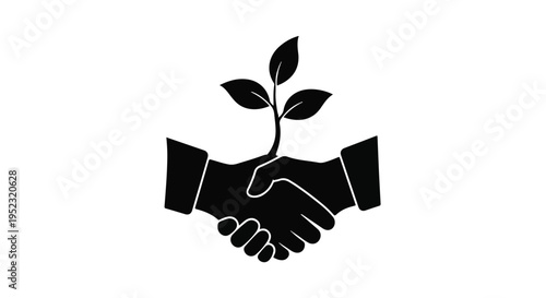 Business partners shake hands over a growing plant, symbolizing green collaboration.