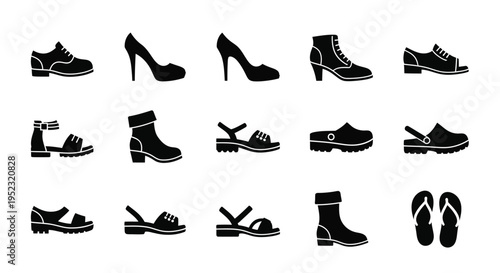 Collection of various black silhouette footwear icons displayed in a grid
